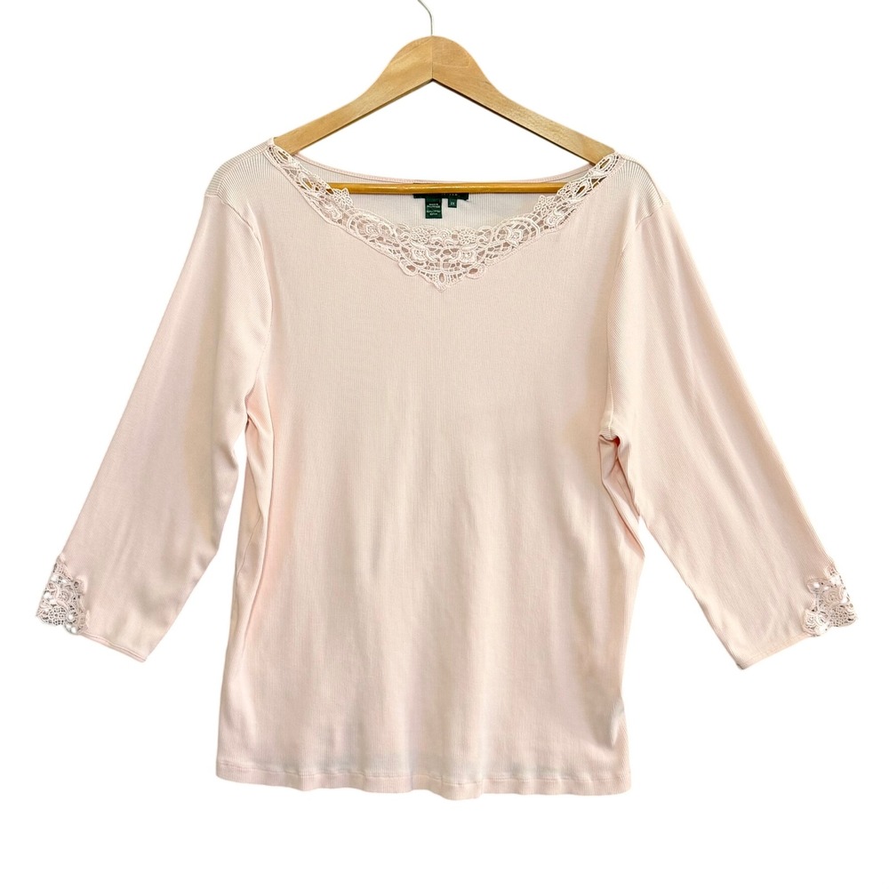 LRL Pink Lace‎ Trim Ribbed Knit 3/4 Sleeve Top Womens XL Feminine Classic Casual